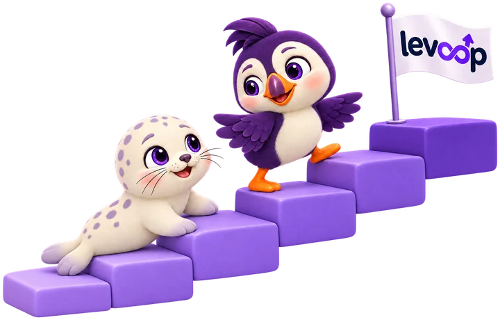Loop the seal and Finn the puffin climbing purple steps towards a Levoop flag